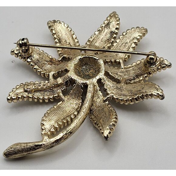 Vintage EMMONS Bezel Set White Gold Tone Flower Brooch Pin 2.5in - Picture 4 of 6